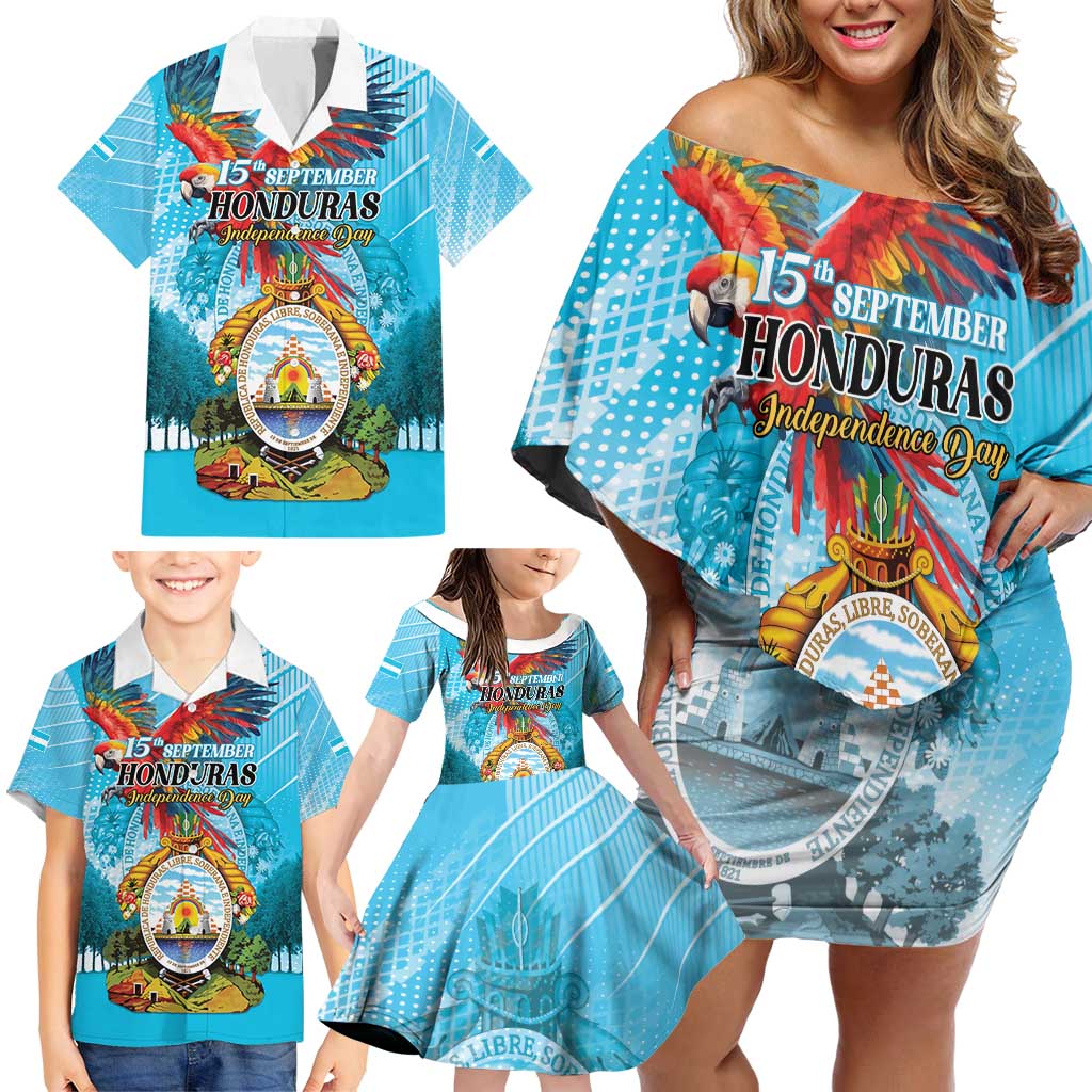 Personalized Honduras Independence Day 1821 Family Matching Off Shoulder Short Dress and Hawaiian Shirt Libre Soberana e Independiente - Wonder Print Shop