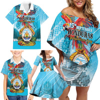 Personalized Honduras Independence Day 1821 Family Matching Off Shoulder Short Dress and Hawaiian Shirt Libre Soberana e Independiente - Wonder Print Shop