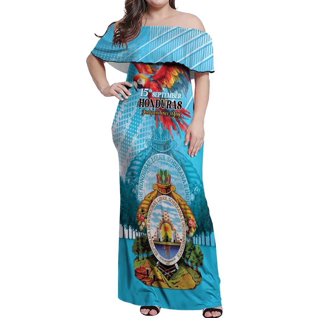 Personalized Honduras Independence Day 1821 Off Shoulder Maxi Dress Libre Soberana e Independiente - Wonder Print Shop