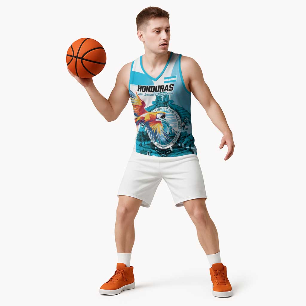 Personalized Honduras 1821 Basketball Jersey Scarlet Macaw Sky Blue Color - Wonder Print Shop