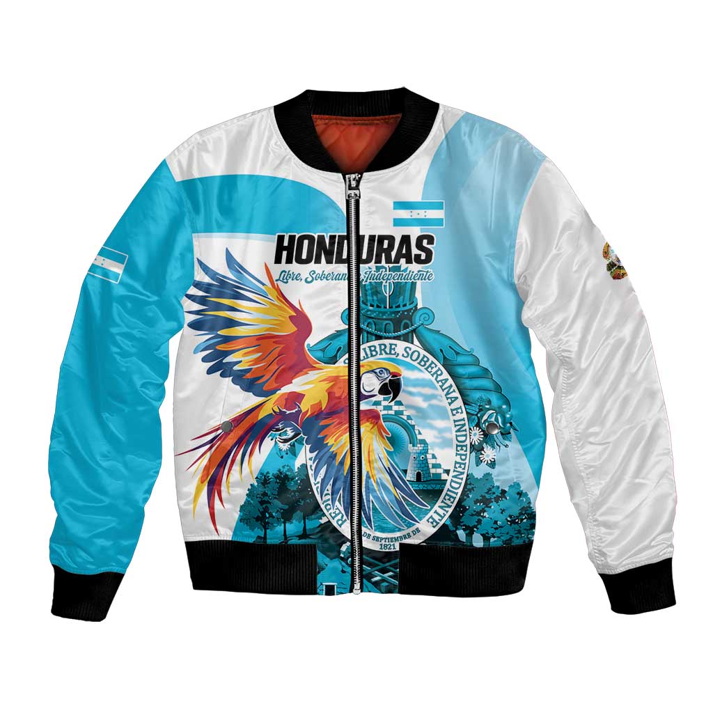 Personalized Honduras 1821 Bomber Jacket Scarlet Macaw Sky Blue Color - Wonder Print Shop