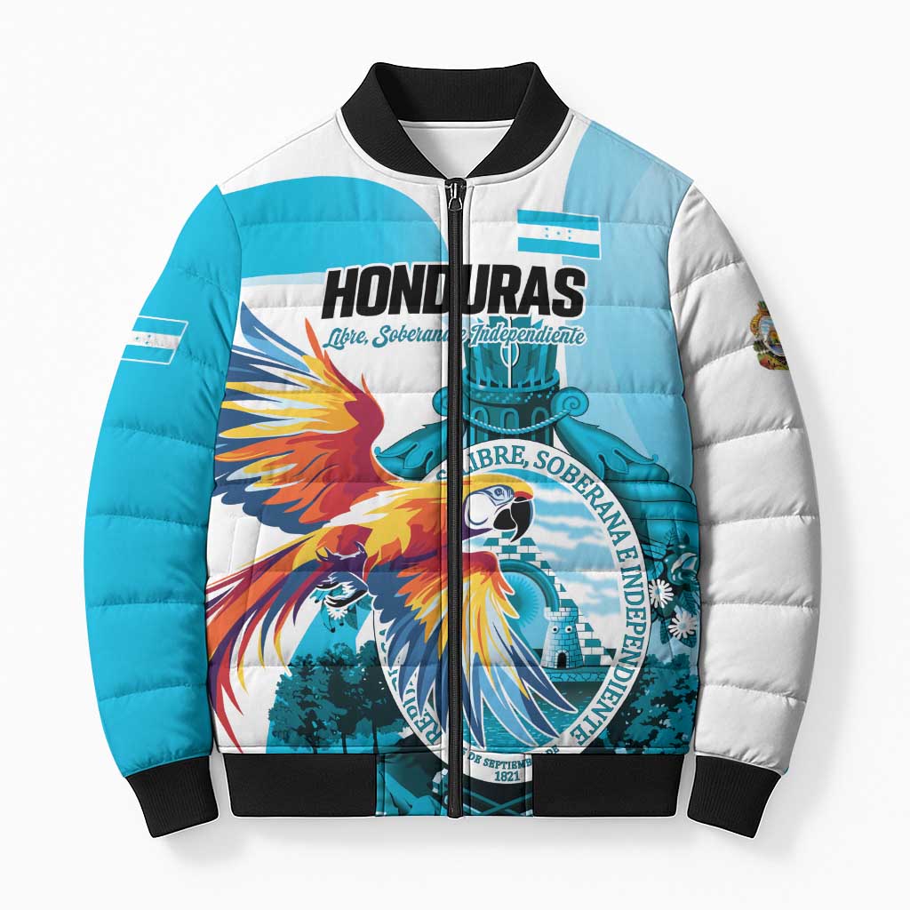 Personalized Honduras 1821 Bomber Puffer Jacket Scarlet Macaw Sky Blue Color - Wonder Print Shop
