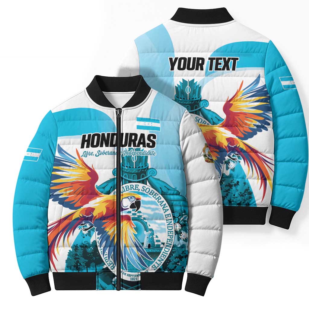 Personalized Honduras 1821 Bomber Puffer Jacket Scarlet Macaw Sky Blue Color - Wonder Print Shop