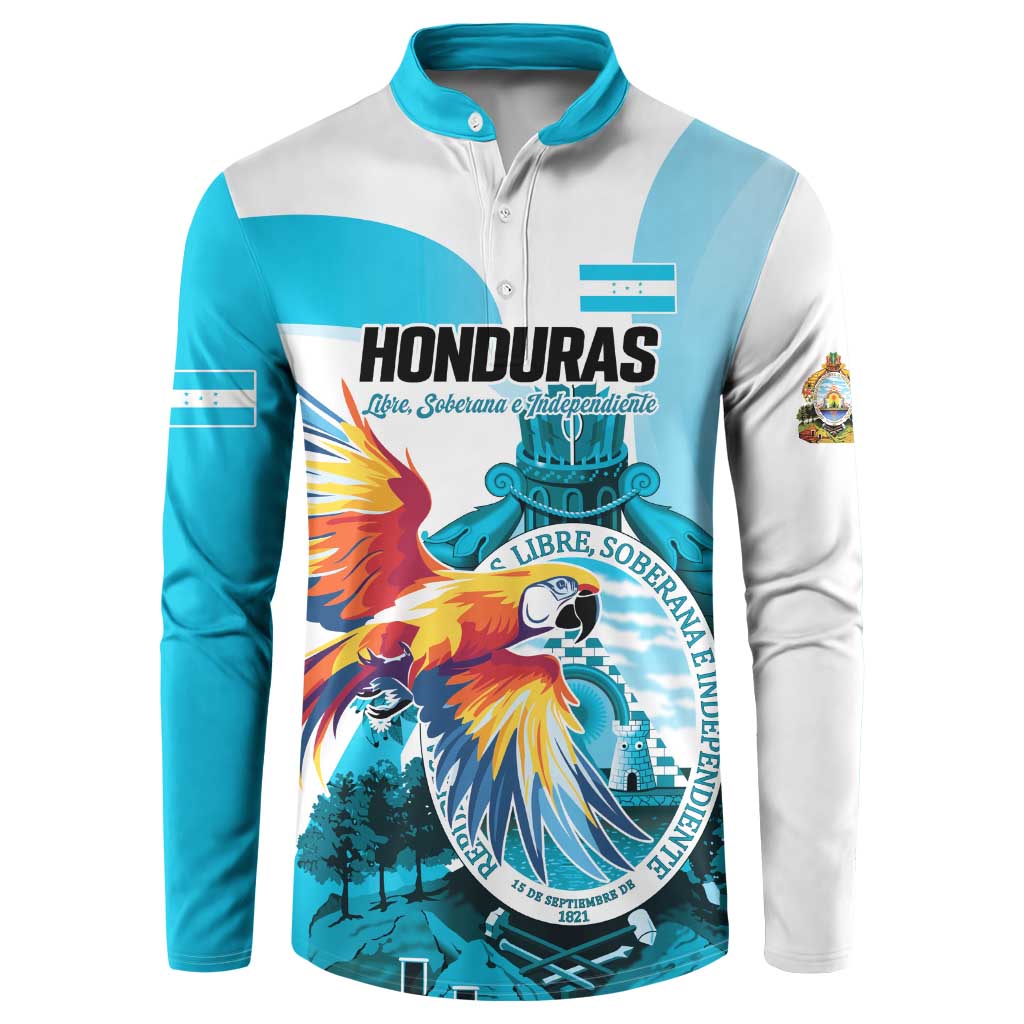 Personalized Honduras 1821 Button Sweatshirt Scarlet Macaw Sky Blue Color - Wonder Print Shop