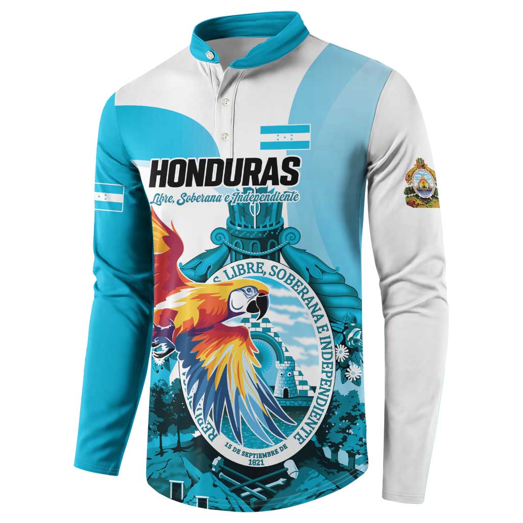 Personalized Honduras 1821 Button Sweatshirt Scarlet Macaw Sky Blue Color - Wonder Print Shop