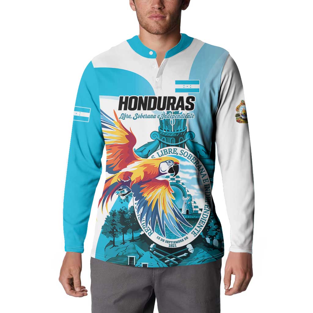 Personalized Honduras 1821 Button Sweatshirt Scarlet Macaw Sky Blue Color - Wonder Print Shop