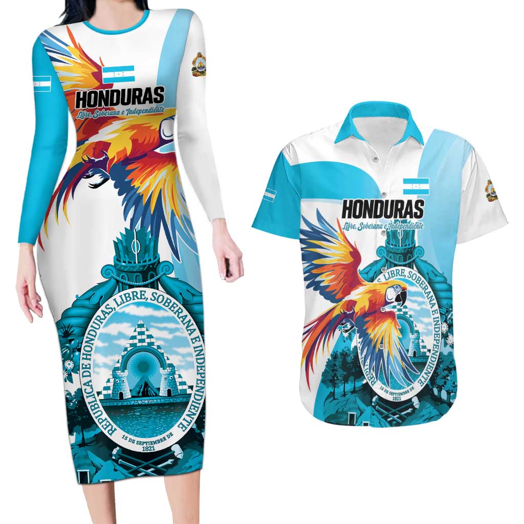 Personalized Honduras 1821 Couples Matching Long Sleeve Bodycon Dress and Hawaiian Shirt Scarlet Macaw Sky Blue Color - Wonder Print Shop