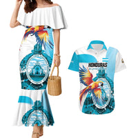 Personalized Honduras 1821 Couples Matching Mermaid Dress and Hawaiian Shirt Scarlet Macaw Sky Blue Color - Wonder Print Shop