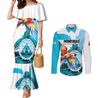 Personalized Honduras 1821 Couples Matching Mermaid Dress and Long Sleeve Button Shirt Scarlet Macaw Sky Blue Color - Wonder Print Shop