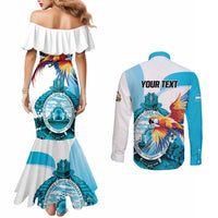 Personalized Honduras 1821 Couples Matching Mermaid Dress and Long Sleeve Button Shirt Scarlet Macaw Sky Blue Color - Wonder Print Shop