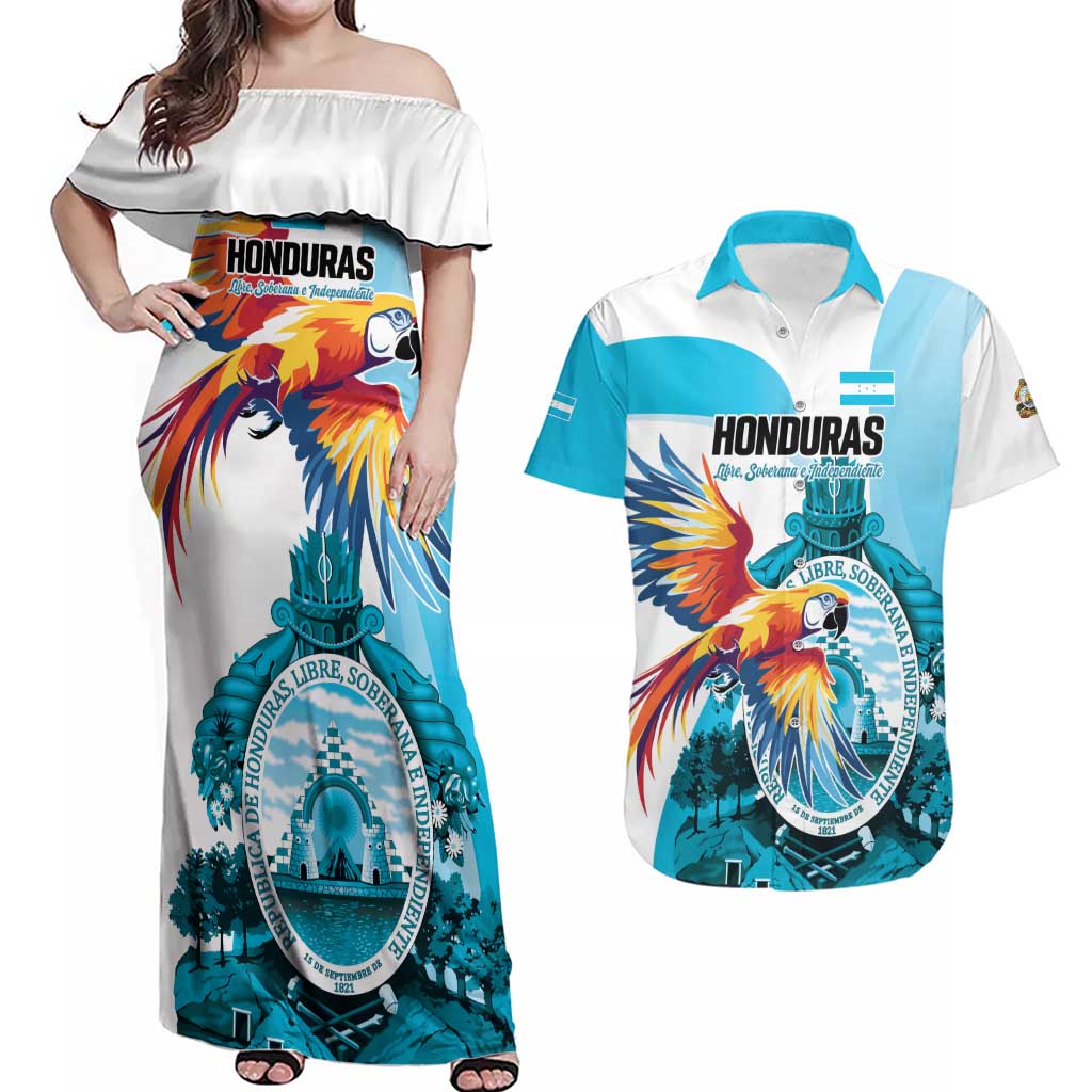 Personalized Honduras 1821 Couples Matching Off Shoulder Maxi Dress and Hawaiian Shirt Scarlet Macaw Sky Blue Color - Wonder Print Shop