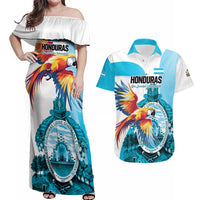 Personalized Honduras 1821 Couples Matching Off Shoulder Maxi Dress and Hawaiian Shirt Scarlet Macaw Sky Blue Color - Wonder Print Shop