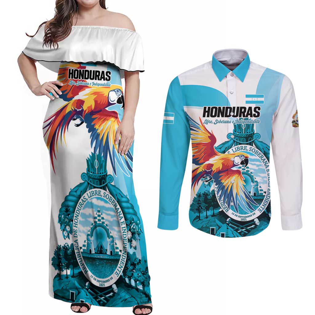 Personalized Honduras 1821 Couples Matching Off Shoulder Maxi Dress and Long Sleeve Button Shirt Scarlet Macaw Sky Blue Color - Wonder Print Shop