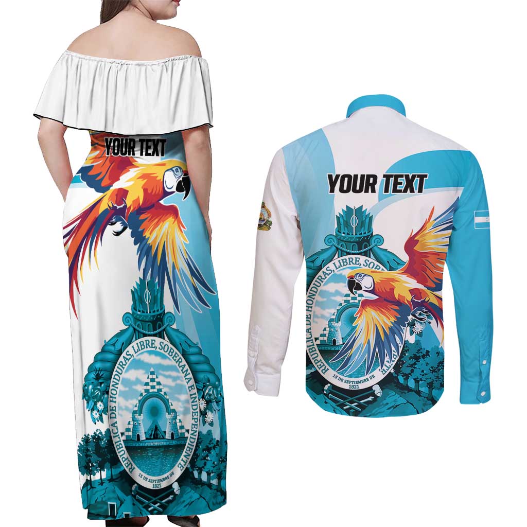 Personalized Honduras 1821 Couples Matching Off Shoulder Maxi Dress and Long Sleeve Button Shirt Scarlet Macaw Sky Blue Color - Wonder Print Shop