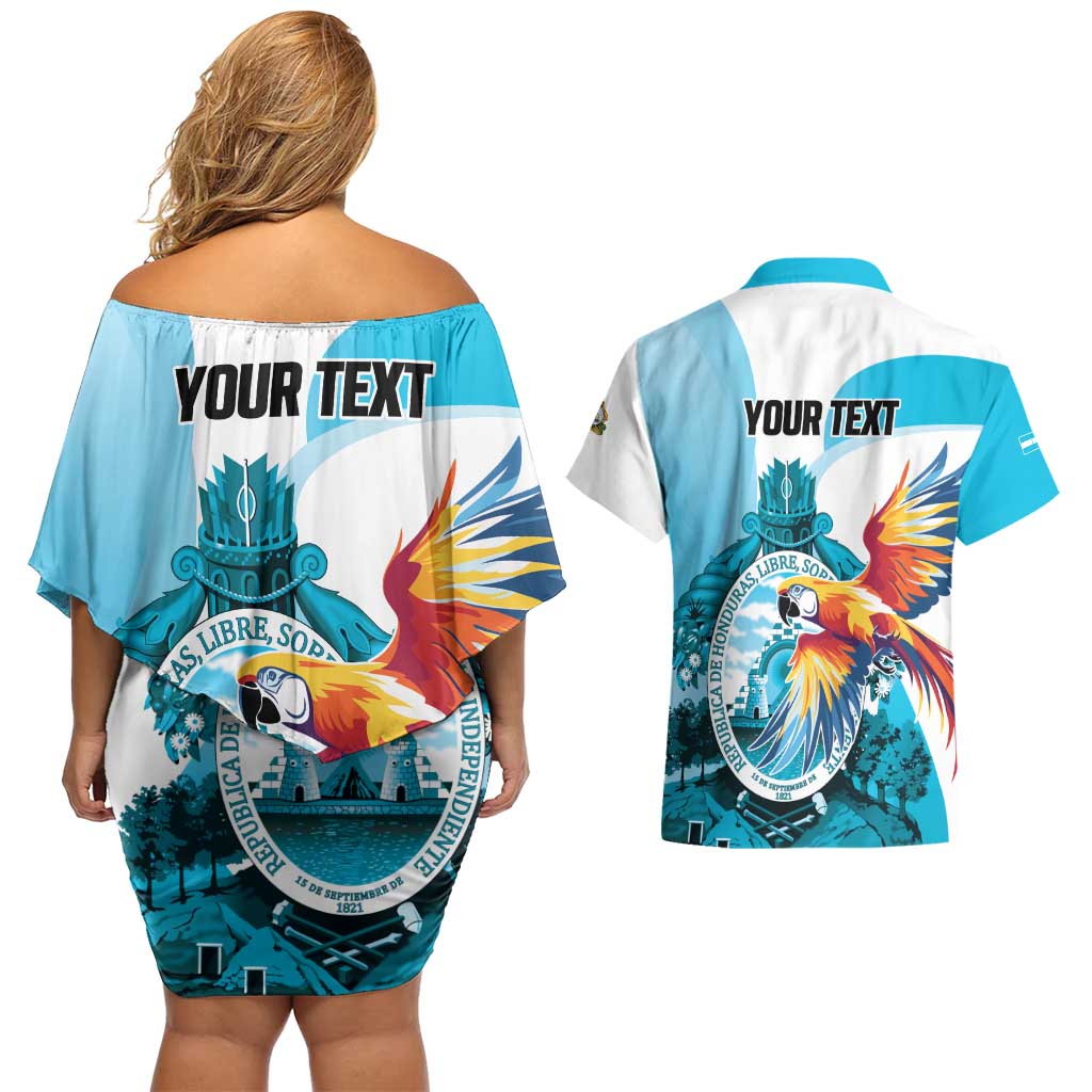 Personalized Honduras 1821 Couples Matching Off Shoulder Short Dress and Hawaiian Shirt Scarlet Macaw Sky Blue Color - Wonder Print Shop