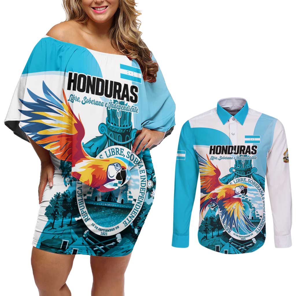 Personalized Honduras 1821 Couples Matching Off Shoulder Short Dress and Long Sleeve Button Shirt Scarlet Macaw Sky Blue Color - Wonder Print Shop