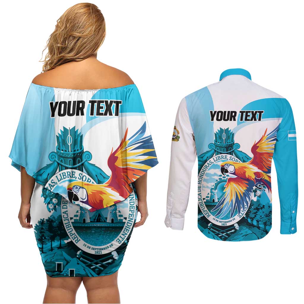 Personalized Honduras 1821 Couples Matching Off Shoulder Short Dress and Long Sleeve Button Shirt Scarlet Macaw Sky Blue Color - Wonder Print Shop