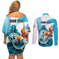 Personalized Honduras 1821 Couples Matching Off Shoulder Short Dress and Long Sleeve Button Shirt Scarlet Macaw Sky Blue Color - Wonder Print Shop