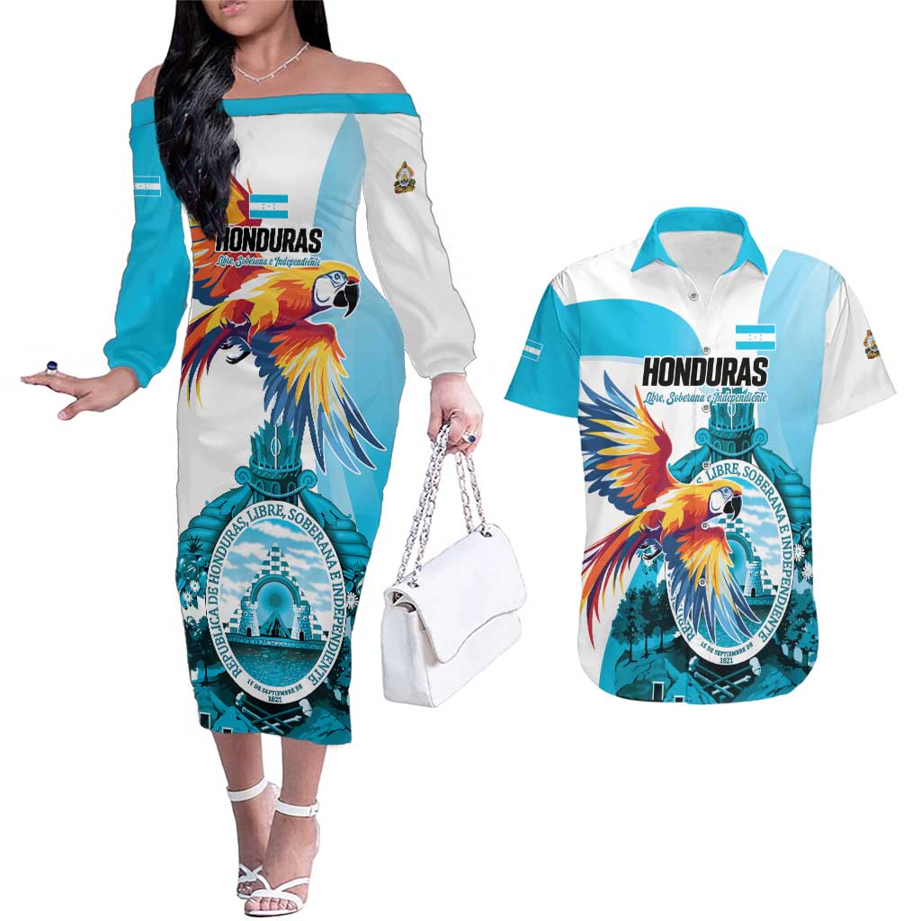 Personalized Honduras 1821 Couples Matching Off The Shoulder Long Sleeve Dress and Hawaiian Shirt Scarlet Macaw Sky Blue Color - Wonder Print Shop