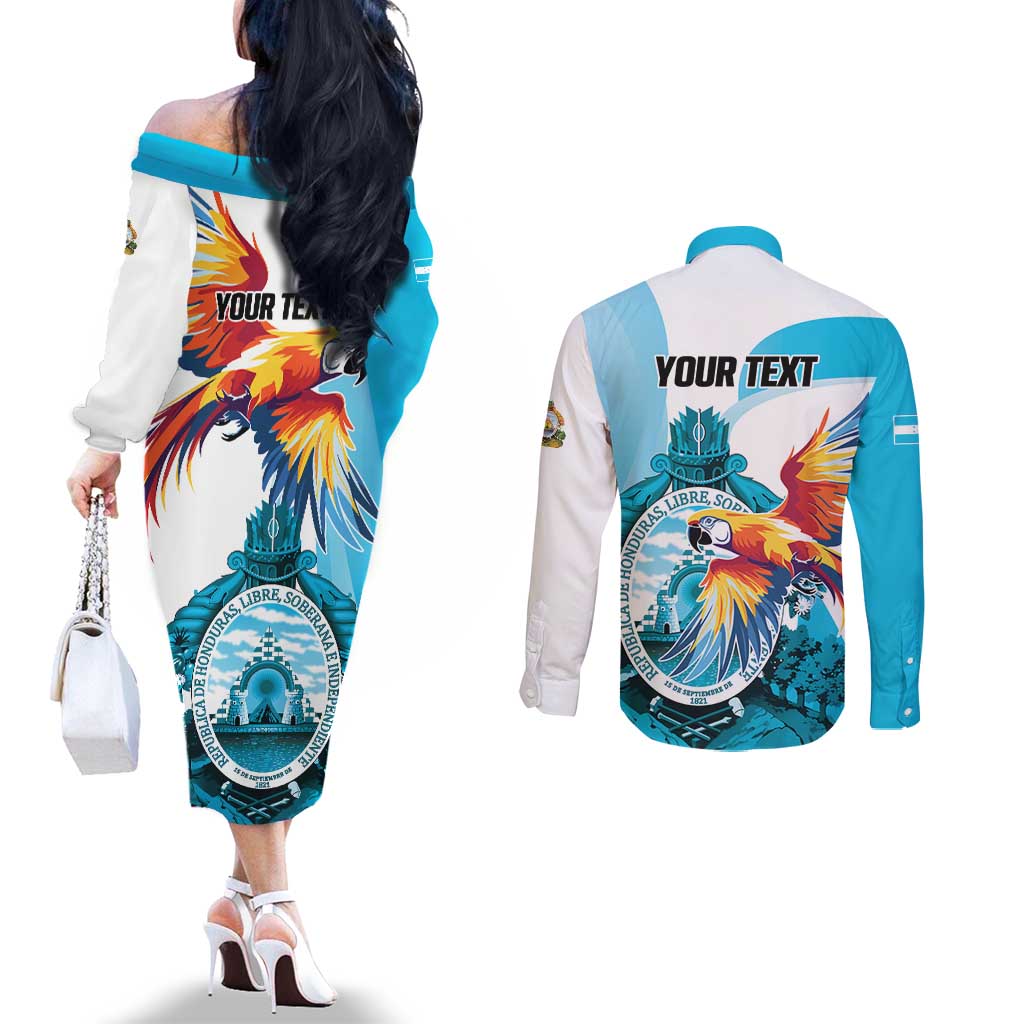 Personalized Honduras 1821 Couples Matching Off The Shoulder Long Sleeve Dress and Long Sleeve Button Shirt Scarlet Macaw Sky Blue Color - Wonder Print Shop