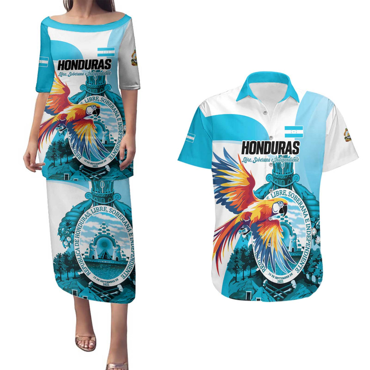 Personalized Honduras 1821 Couples Matching Puletasi and Hawaiian Shirt Scarlet Macaw Sky Blue Color - Wonder Print Shop