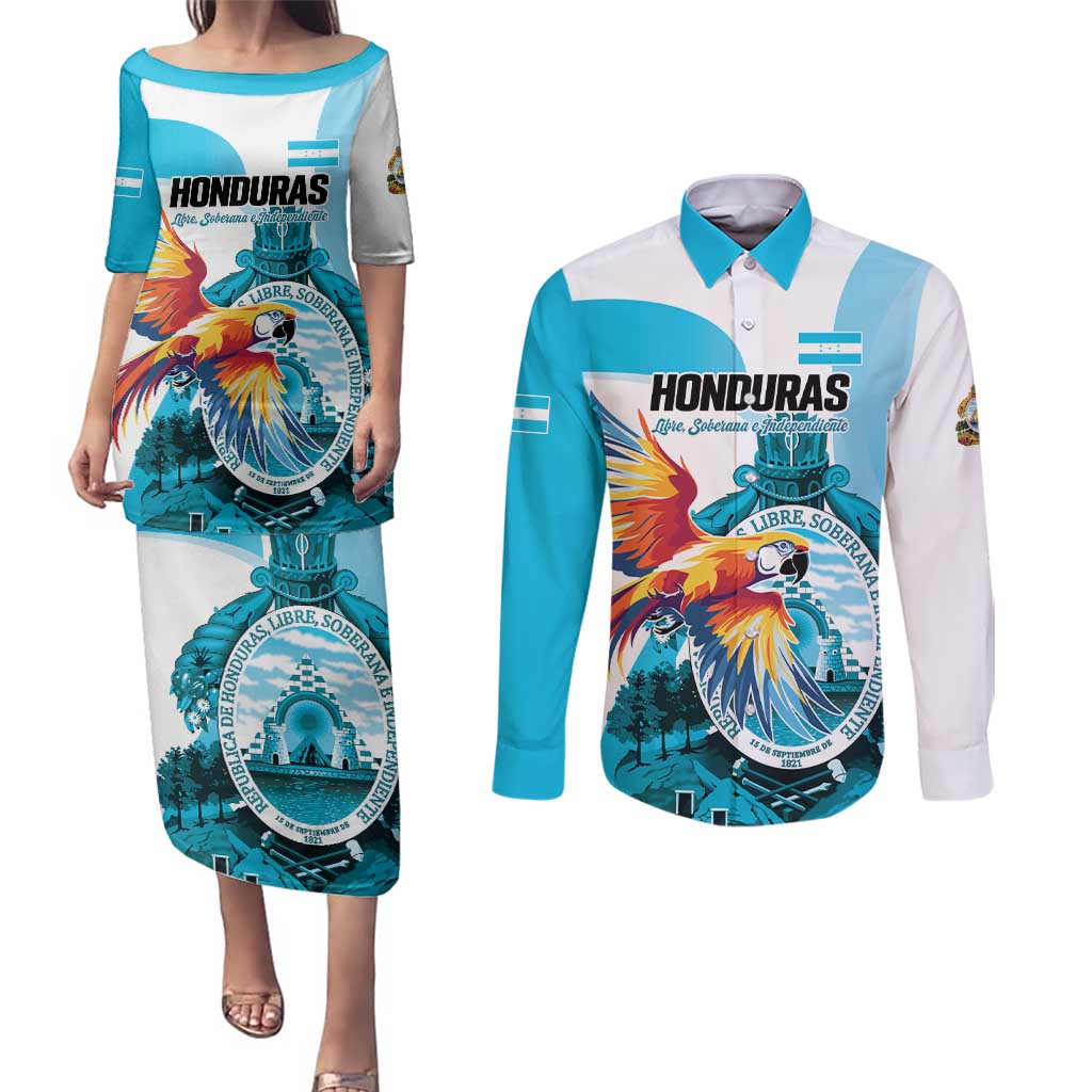 Personalized Honduras 1821 Couples Matching Puletasi and Long Sleeve Button Shirt Scarlet Macaw Sky Blue Color - Wonder Print Shop
