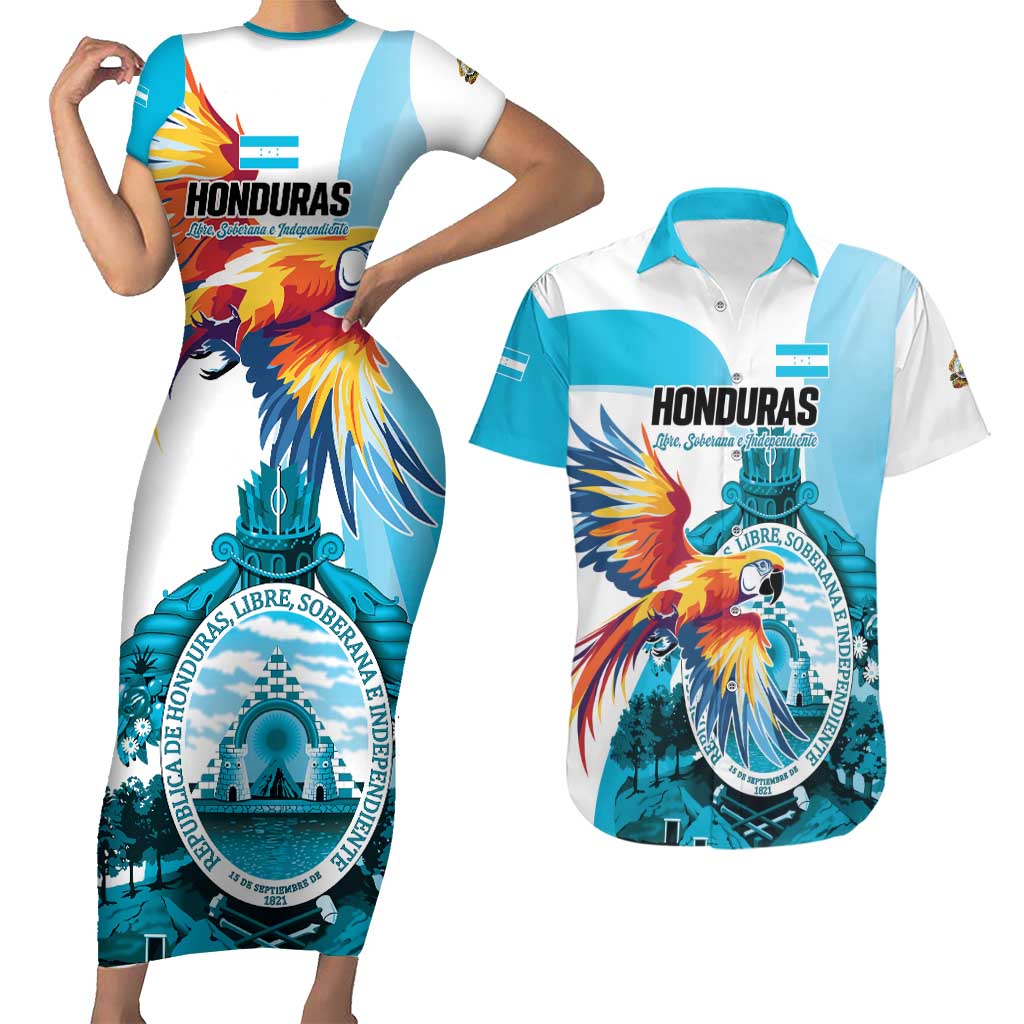 Personalized Honduras 1821 Couples Matching Short Sleeve Bodycon Dress and Hawaiian Shirt Scarlet Macaw Sky Blue Color - Wonder Print Shop