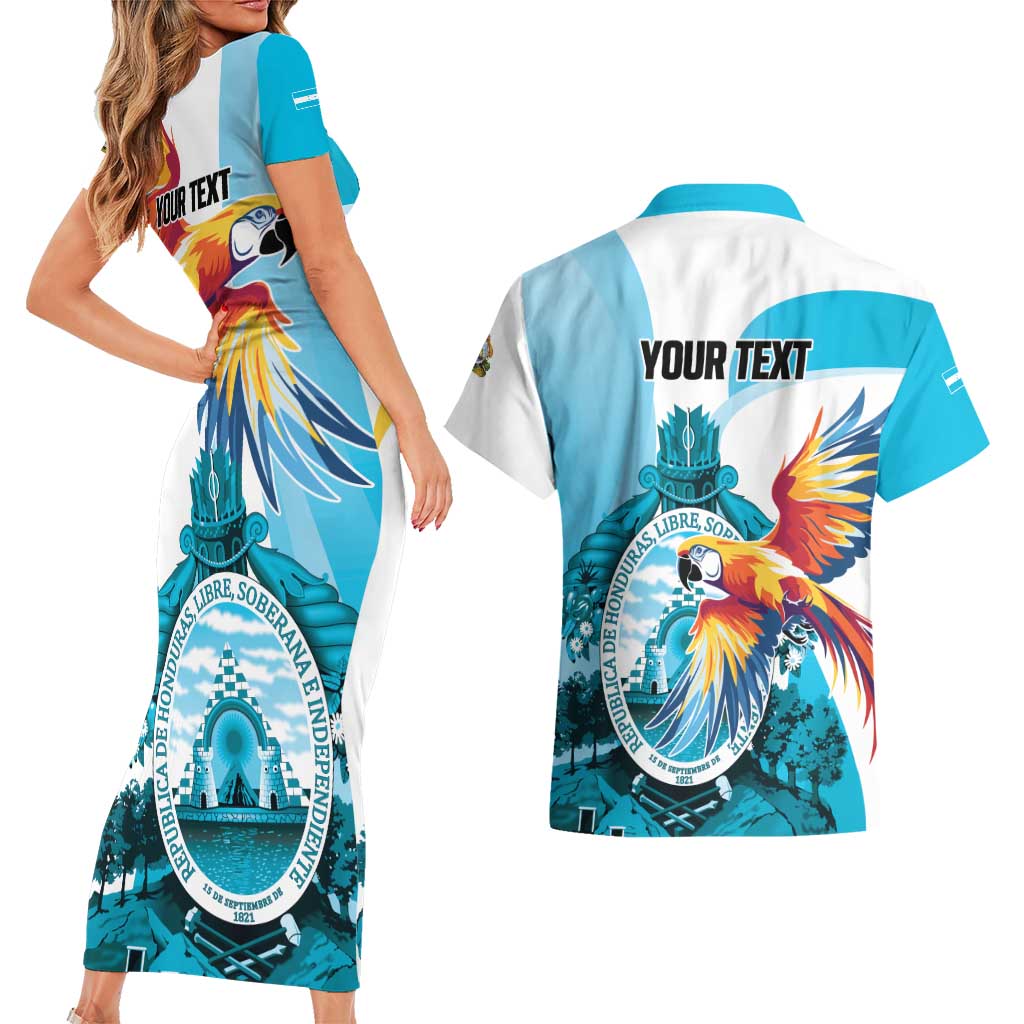 Personalized Honduras 1821 Couples Matching Short Sleeve Bodycon Dress and Hawaiian Shirt Scarlet Macaw Sky Blue Color - Wonder Print Shop