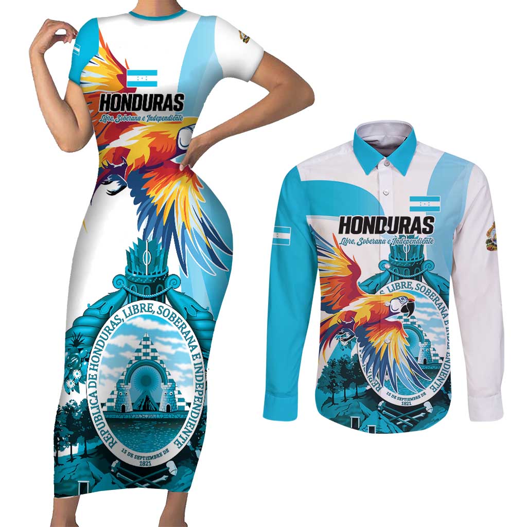 Personalized Honduras 1821 Couples Matching Short Sleeve Bodycon Dress and Long Sleeve Button Shirt Scarlet Macaw Sky Blue Color - Wonder Print Shop