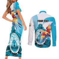 Personalized Honduras 1821 Couples Matching Short Sleeve Bodycon Dress and Long Sleeve Button Shirt Scarlet Macaw Sky Blue Color - Wonder Print Shop