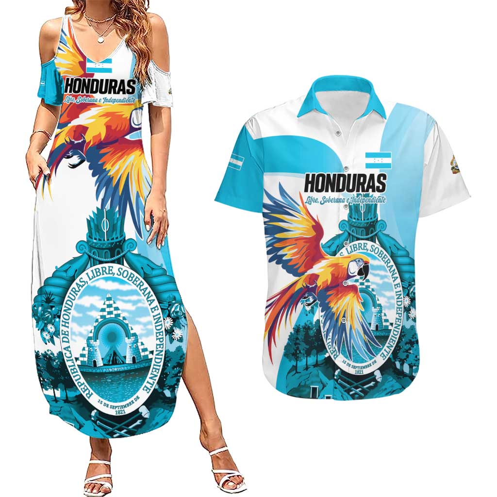 Personalized Honduras 1821 Couples Matching Summer Maxi Dress and Hawaiian Shirt Scarlet Macaw Sky Blue Color - Wonder Print Shop