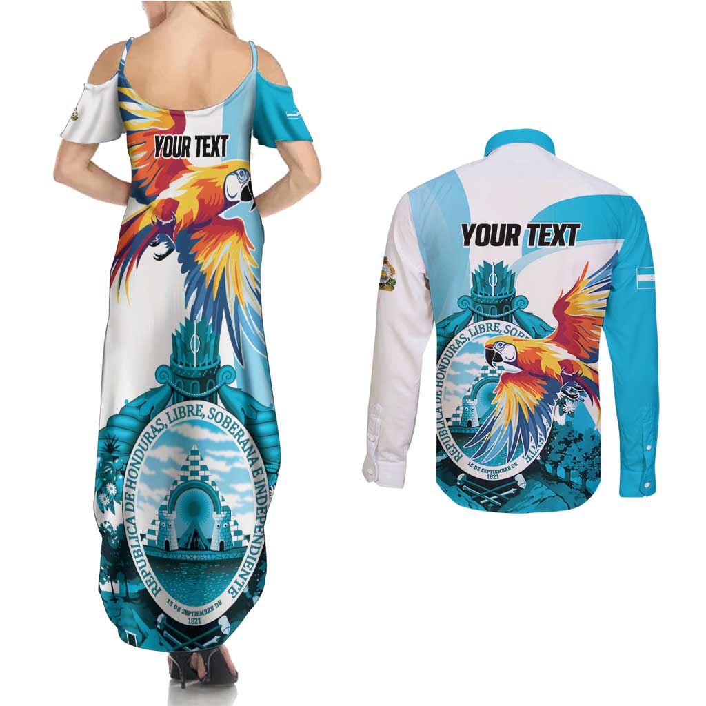 Personalized Honduras 1821 Couples Matching Summer Maxi Dress and Long Sleeve Button Shirt Scarlet Macaw Sky Blue Color - Wonder Print Shop