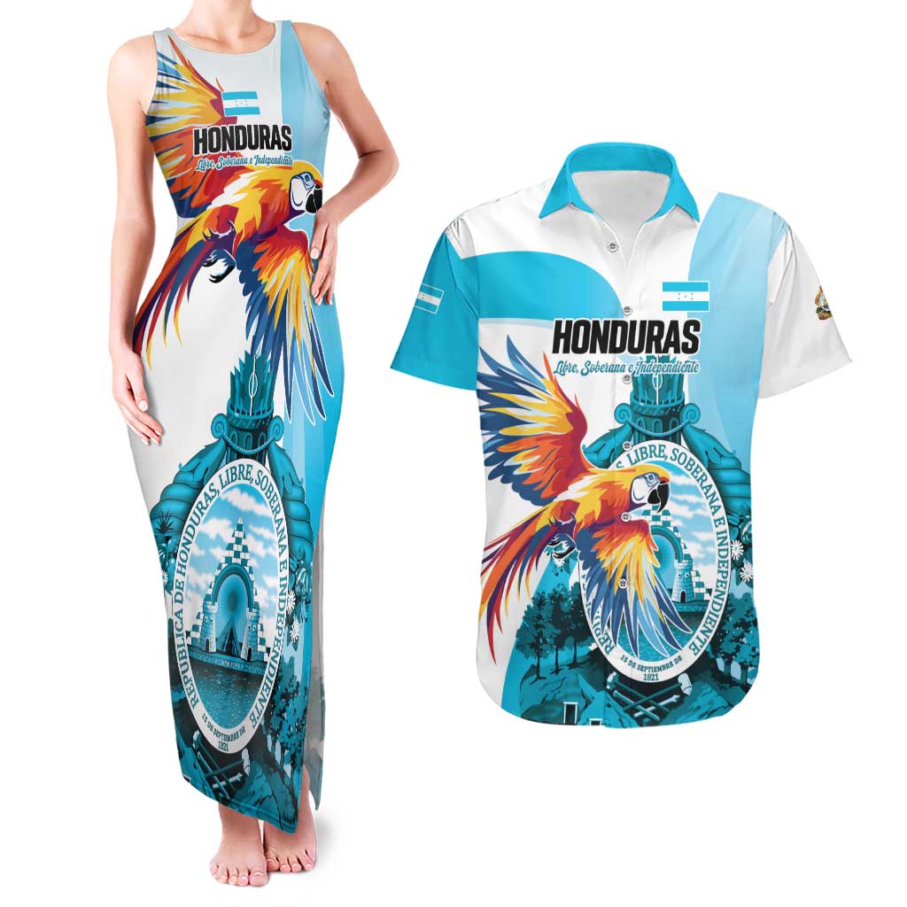 Personalized Honduras 1821 Couples Matching Tank Maxi Dress and Hawaiian Shirt Scarlet Macaw Sky Blue Color - Wonder Print Shop