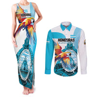 Personalized Honduras 1821 Couples Matching Tank Maxi Dress and Long Sleeve Button Shirt Scarlet Macaw Sky Blue Color - Wonder Print Shop