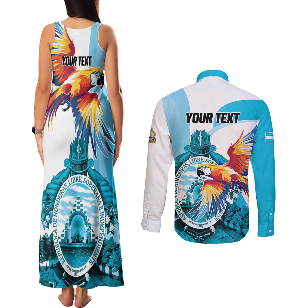 Personalized Honduras 1821 Couples Matching Tank Maxi Dress and Long Sleeve Button Shirt Scarlet Macaw Sky Blue Color - Wonder Print Shop