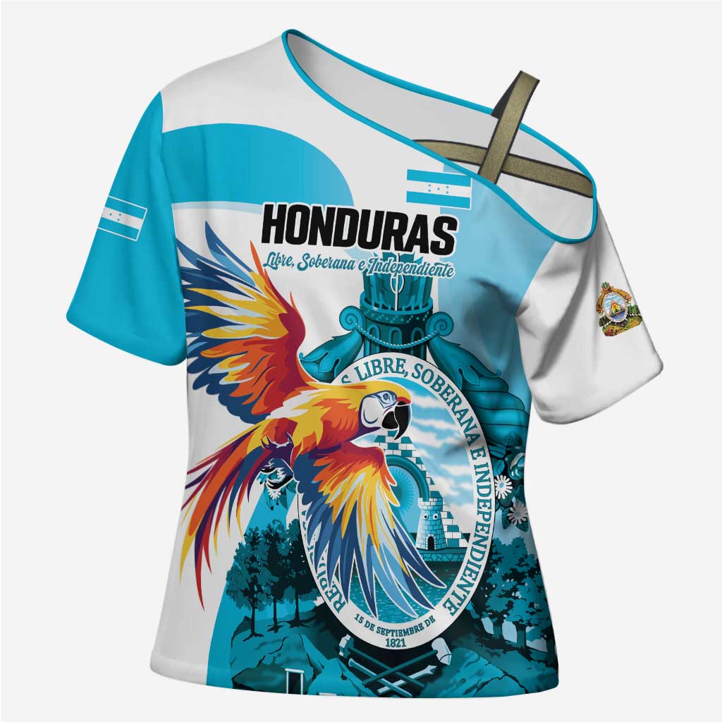 Personalized Honduras 1821 Cross Shoulder Shirt Scarlet Macaw Sky Blue Color - Wonder Print Shop
