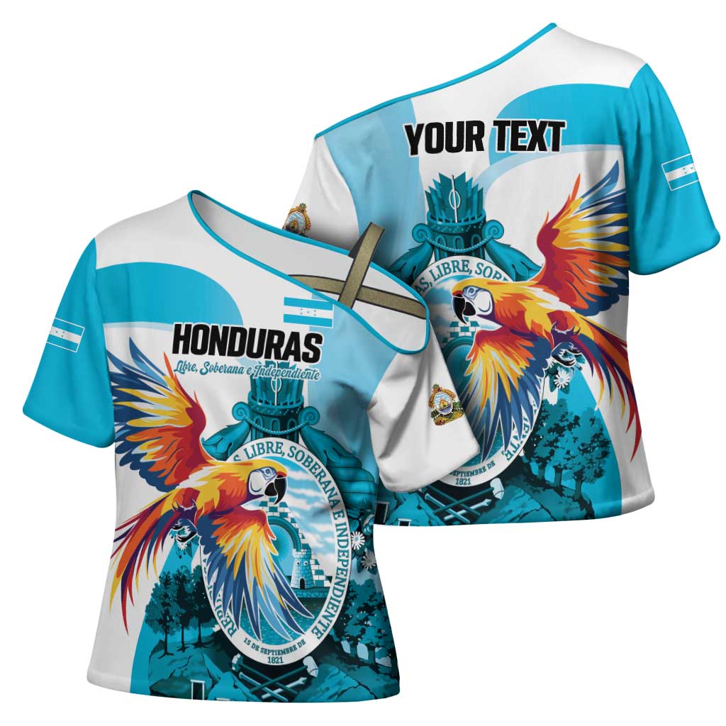 Personalized Honduras 1821 Cross Shoulder Shirt Scarlet Macaw Sky Blue Color - Wonder Print Shop