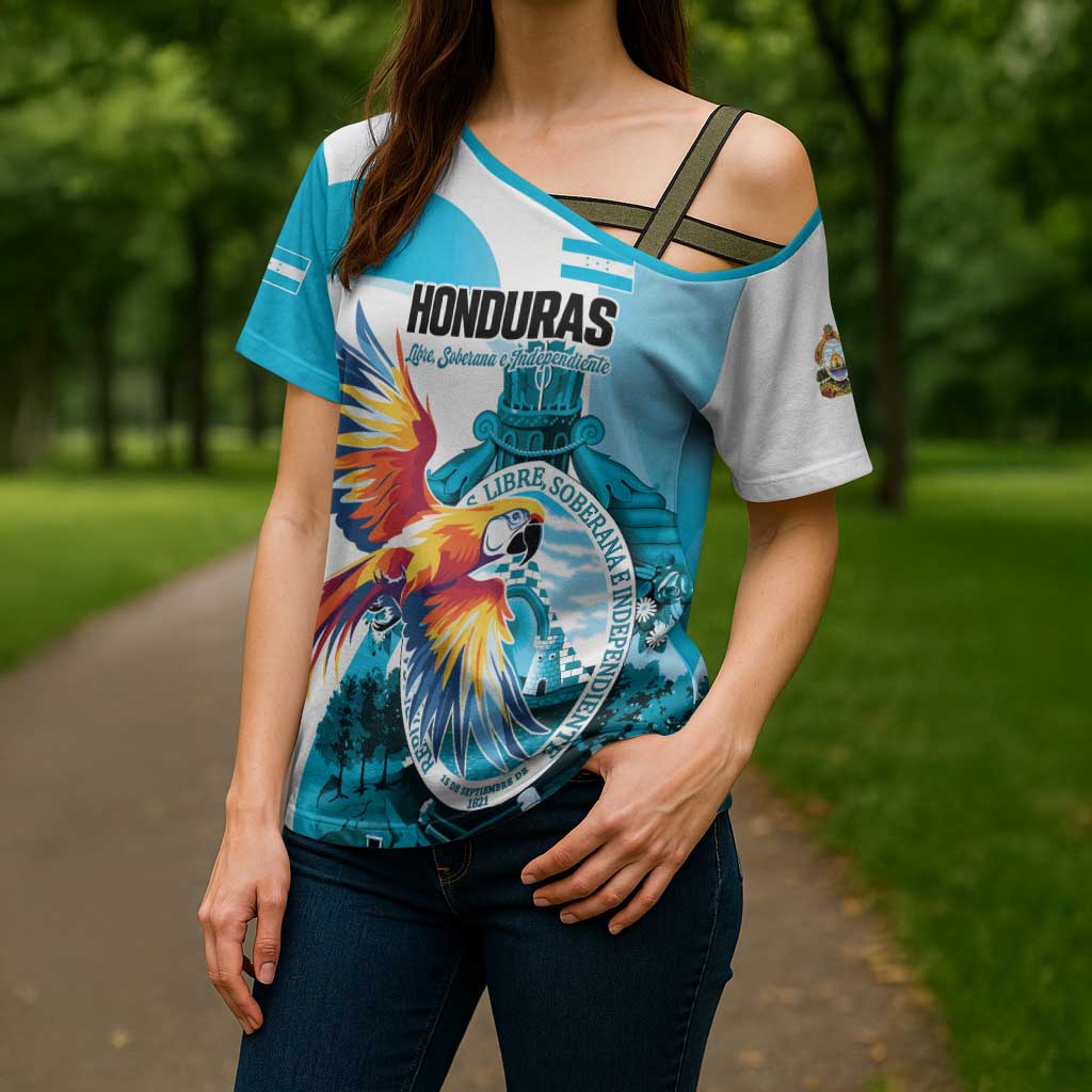 Personalized Honduras 1821 Cross Shoulder Shirt Scarlet Macaw Sky Blue Color - Wonder Print Shop