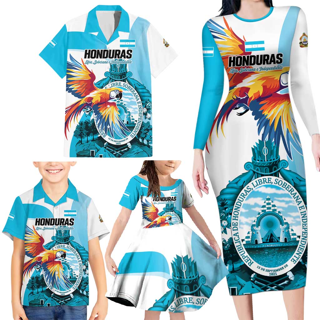 Personalized Honduras 1821 Family Matching Long Sleeve Bodycon Dress and Hawaiian Shirt Scarlet Macaw Sky Blue Color - Wonder Print Shop