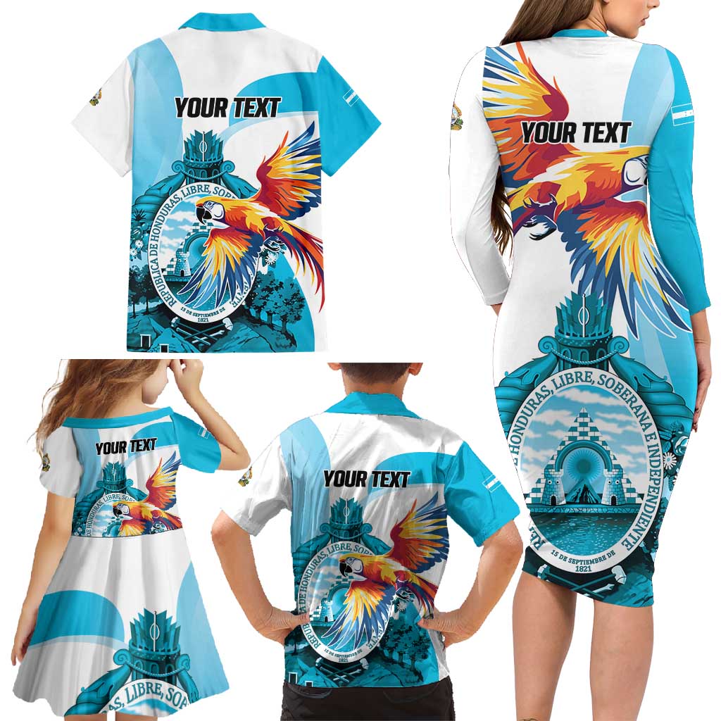 Personalized Honduras 1821 Family Matching Long Sleeve Bodycon Dress and Hawaiian Shirt Scarlet Macaw Sky Blue Color - Wonder Print Shop