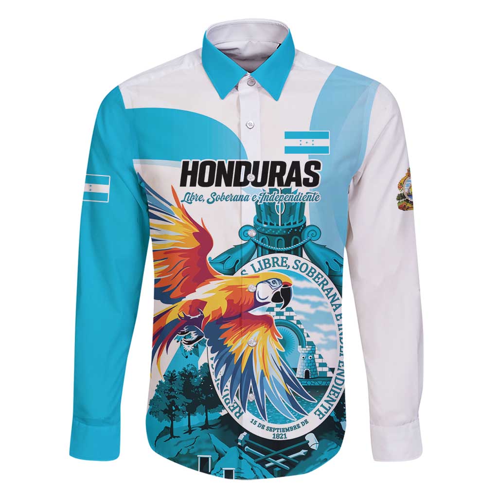 Personalized Honduras 1821 Family Matching Long Sleeve Bodycon Dress and Hawaiian Shirt Scarlet Macaw Sky Blue Color - Wonder Print Shop
