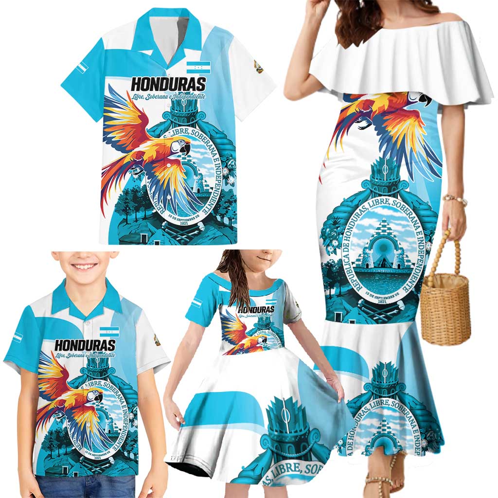 Personalized Honduras 1821 Family Matching Mermaid Dress and Hawaiian Shirt Scarlet Macaw Sky Blue Color - Wonder Print Shop