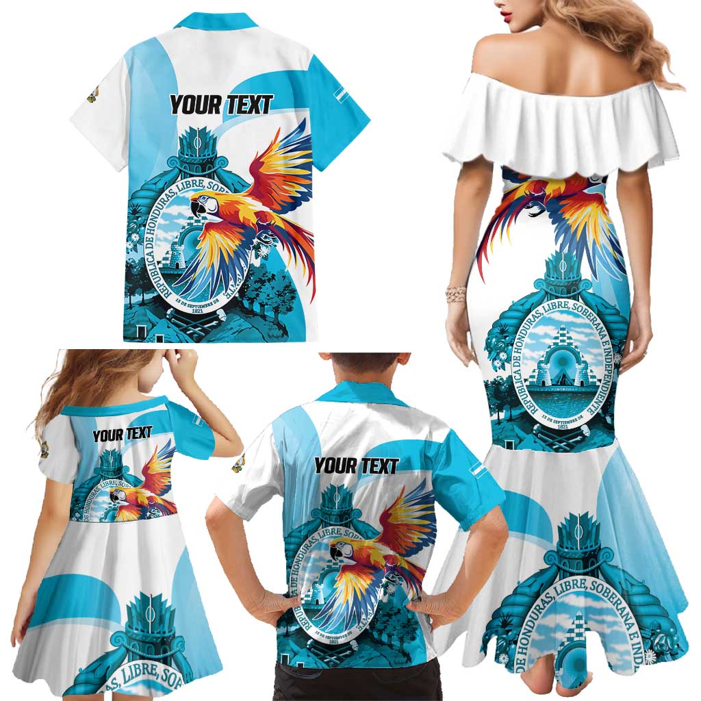 Personalized Honduras 1821 Family Matching Mermaid Dress and Hawaiian Shirt Scarlet Macaw Sky Blue Color - Wonder Print Shop