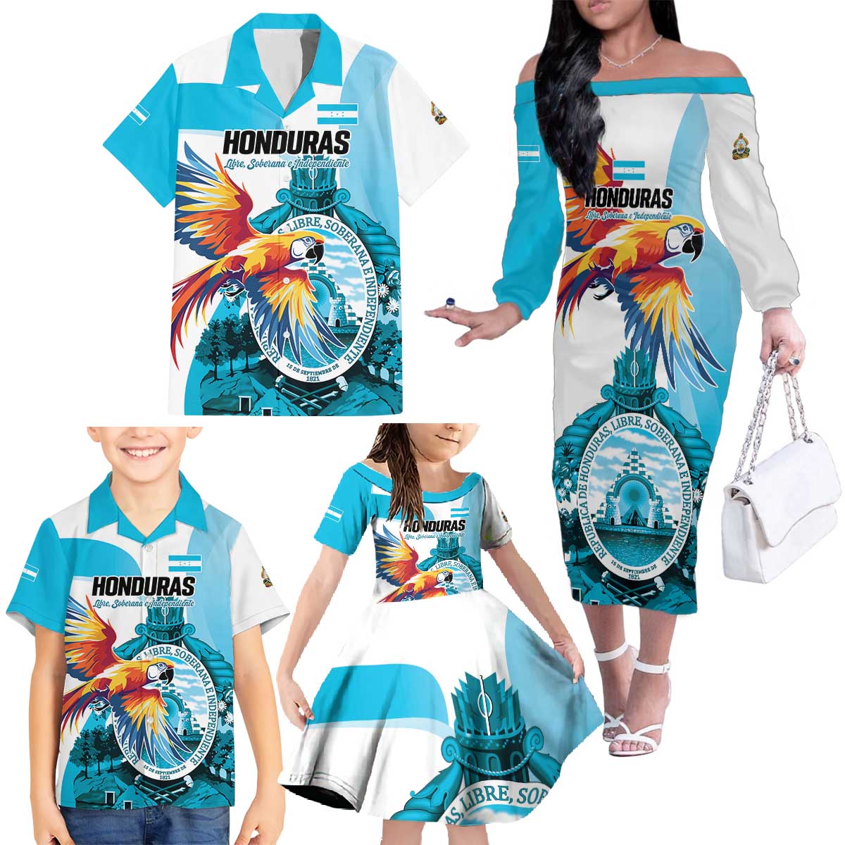 Personalized Honduras 1821 Family Matching Off The Shoulder Long Sleeve Dress and Hawaiian Shirt Scarlet Macaw Sky Blue Color - Wonder Print Shop