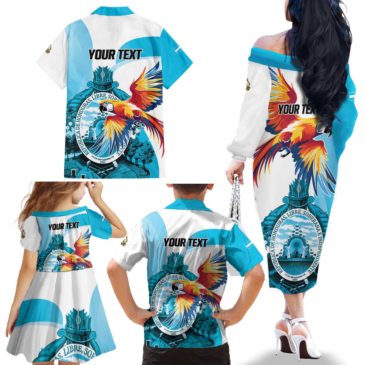 Personalized Honduras 1821 Family Matching Off The Shoulder Long Sleeve Dress and Hawaiian Shirt Scarlet Macaw Sky Blue Color - Wonder Print Shop