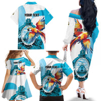 Personalized Honduras 1821 Family Matching Off The Shoulder Long Sleeve Dress and Hawaiian Shirt Scarlet Macaw Sky Blue Color - Wonder Print Shop