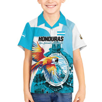 Personalized Honduras 1821 Family Matching Off The Shoulder Long Sleeve Dress and Hawaiian Shirt Scarlet Macaw Sky Blue Color - Wonder Print Shop