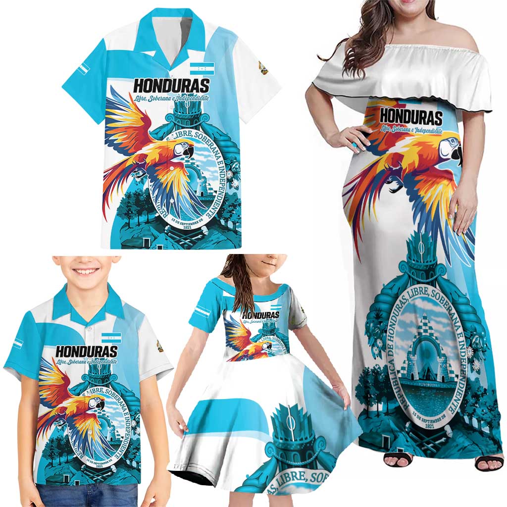 Personalized Honduras 1821 Family Matching Off Shoulder Maxi Dress and Hawaiian Shirt Scarlet Macaw Sky Blue Color - Wonder Print Shop