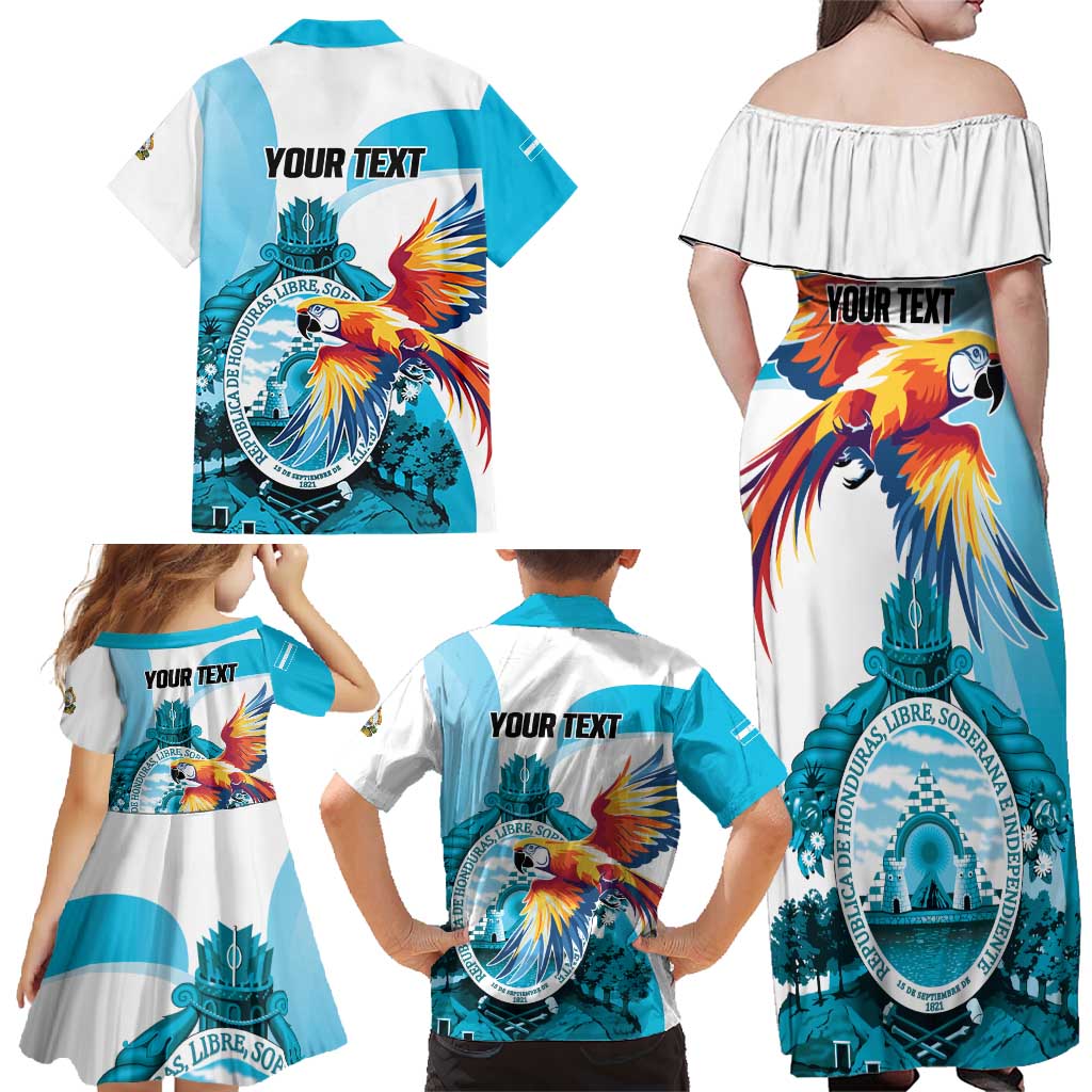 Personalized Honduras 1821 Family Matching Off Shoulder Maxi Dress and Hawaiian Shirt Scarlet Macaw Sky Blue Color - Wonder Print Shop