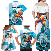 Personalized Honduras 1821 Family Matching Off Shoulder Maxi Dress and Hawaiian Shirt Scarlet Macaw Sky Blue Color - Wonder Print Shop